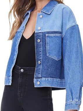 Two Tone Patchwork Denim Jacket Cropped Blue Jean Jacket Oversized Medium NWT